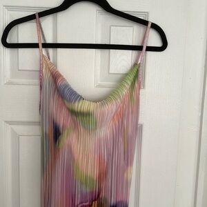 Cowl Neck Printed Plisse Maxi Dress Sleeveless Tank Dress